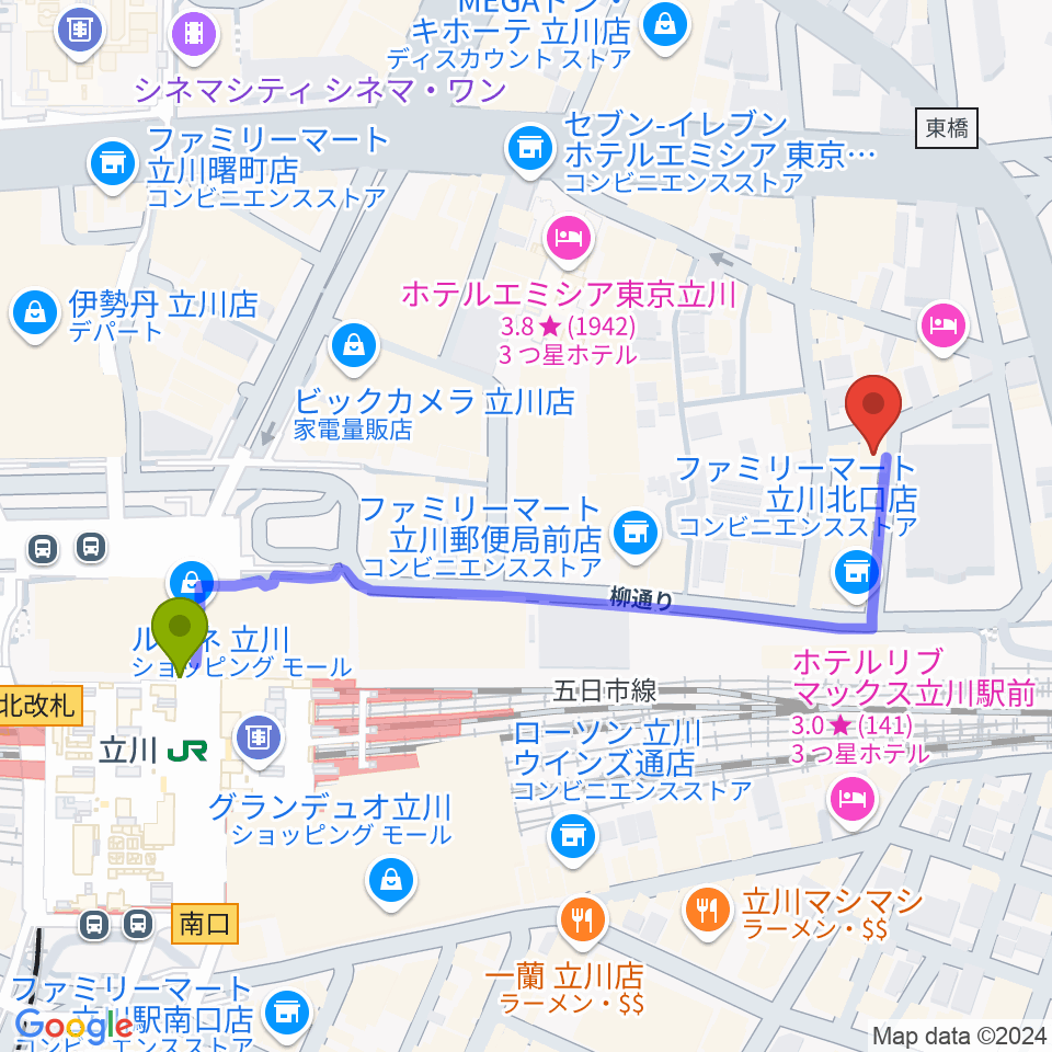 シアーミュージック立川校の最寄駅立川駅からの徒歩ルート（約5分）地図