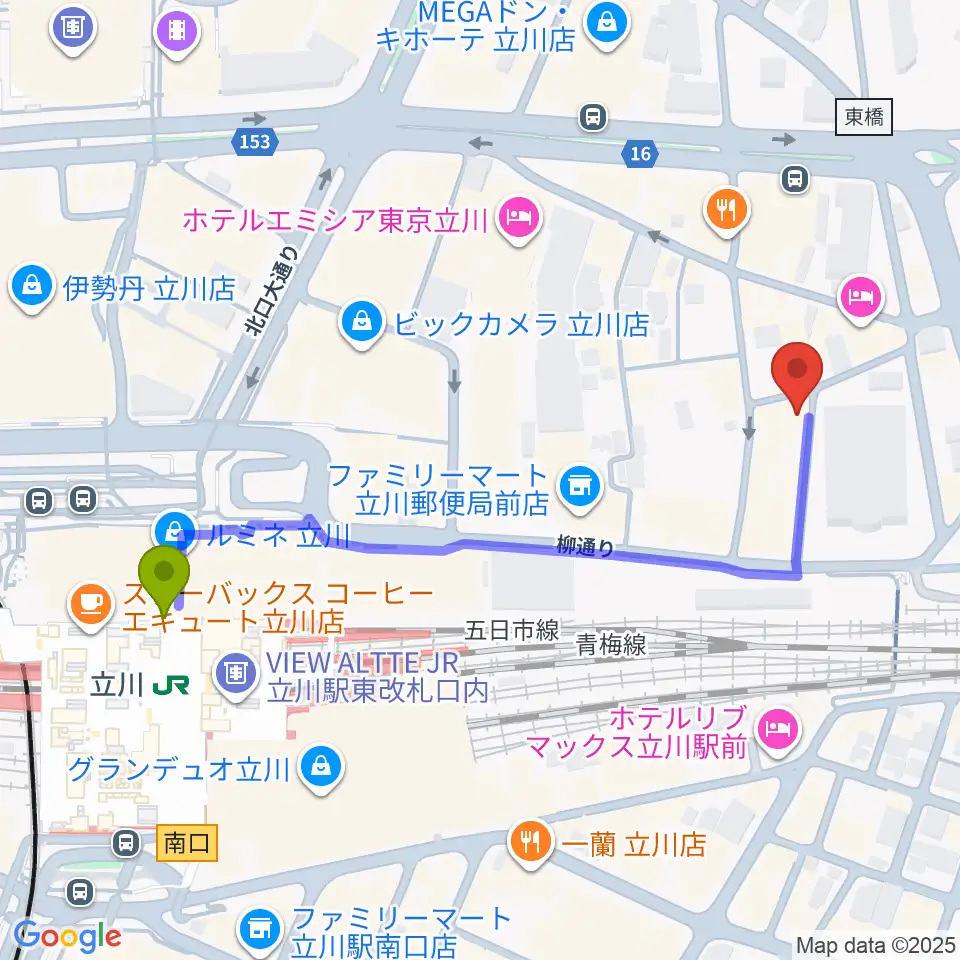 シアーミュージック立川校の最寄駅立川駅からの徒歩ルート（約5分）地図