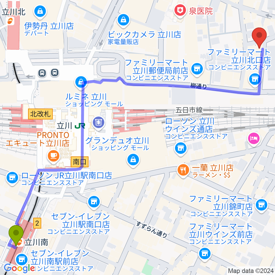 立川南駅からシアーミュージック立川校へのルートマップ地図