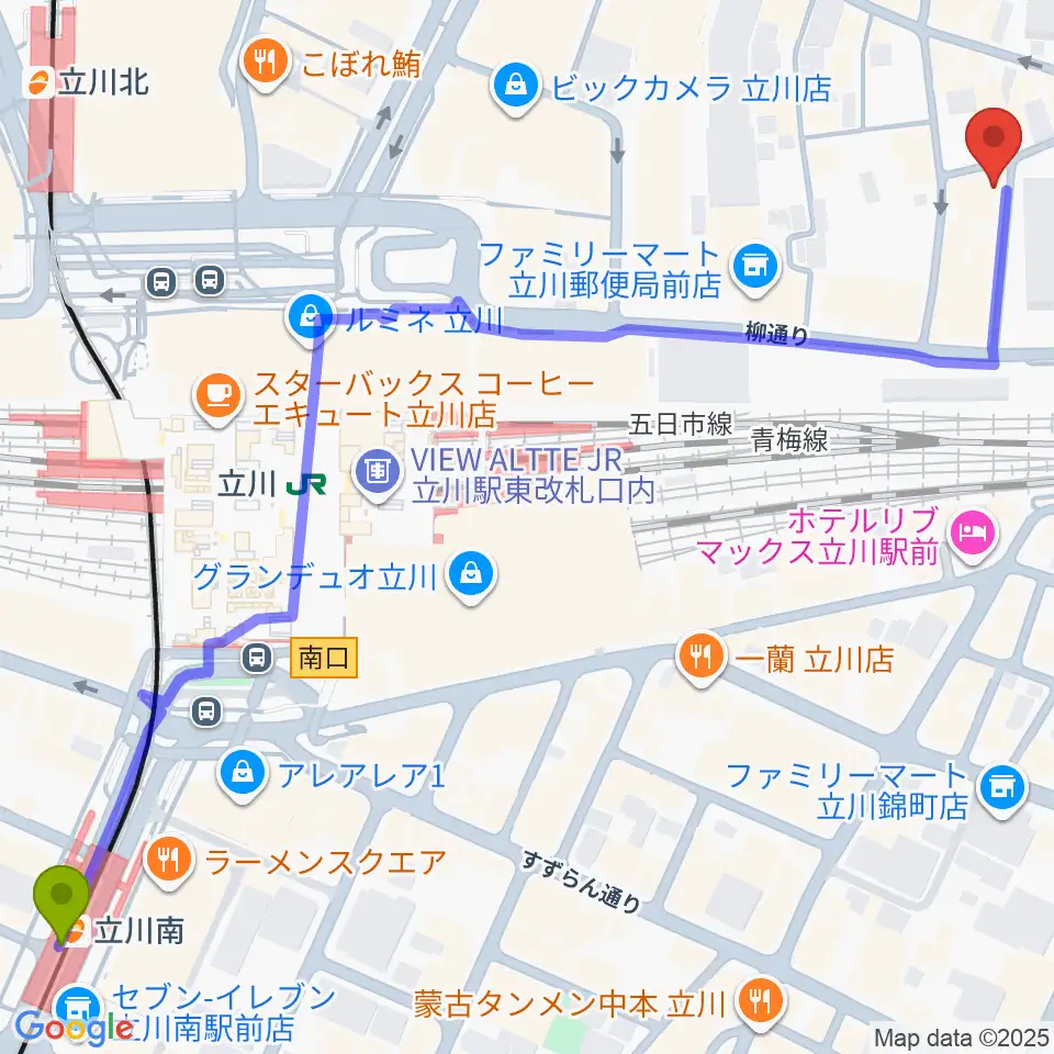立川南駅からシアーミュージック立川校へのルートマップ地図