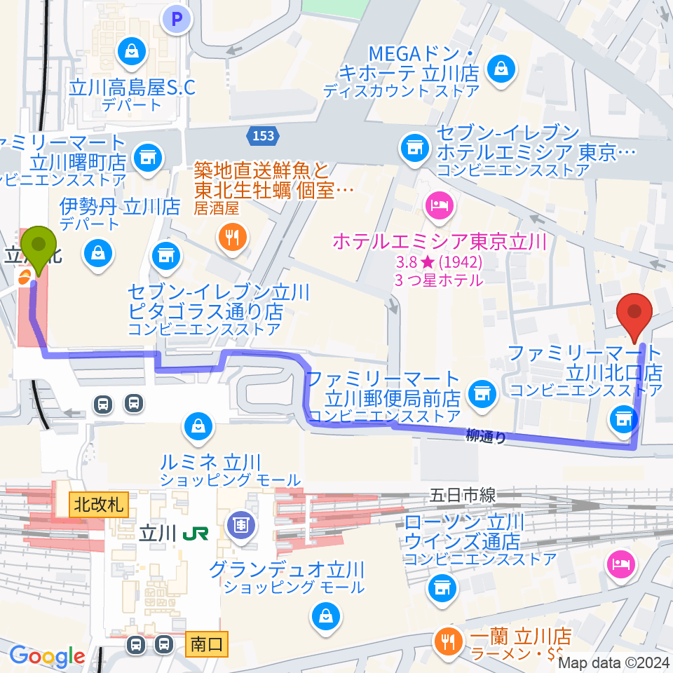 立川北駅からシアーミュージック立川校へのルートマップ地図