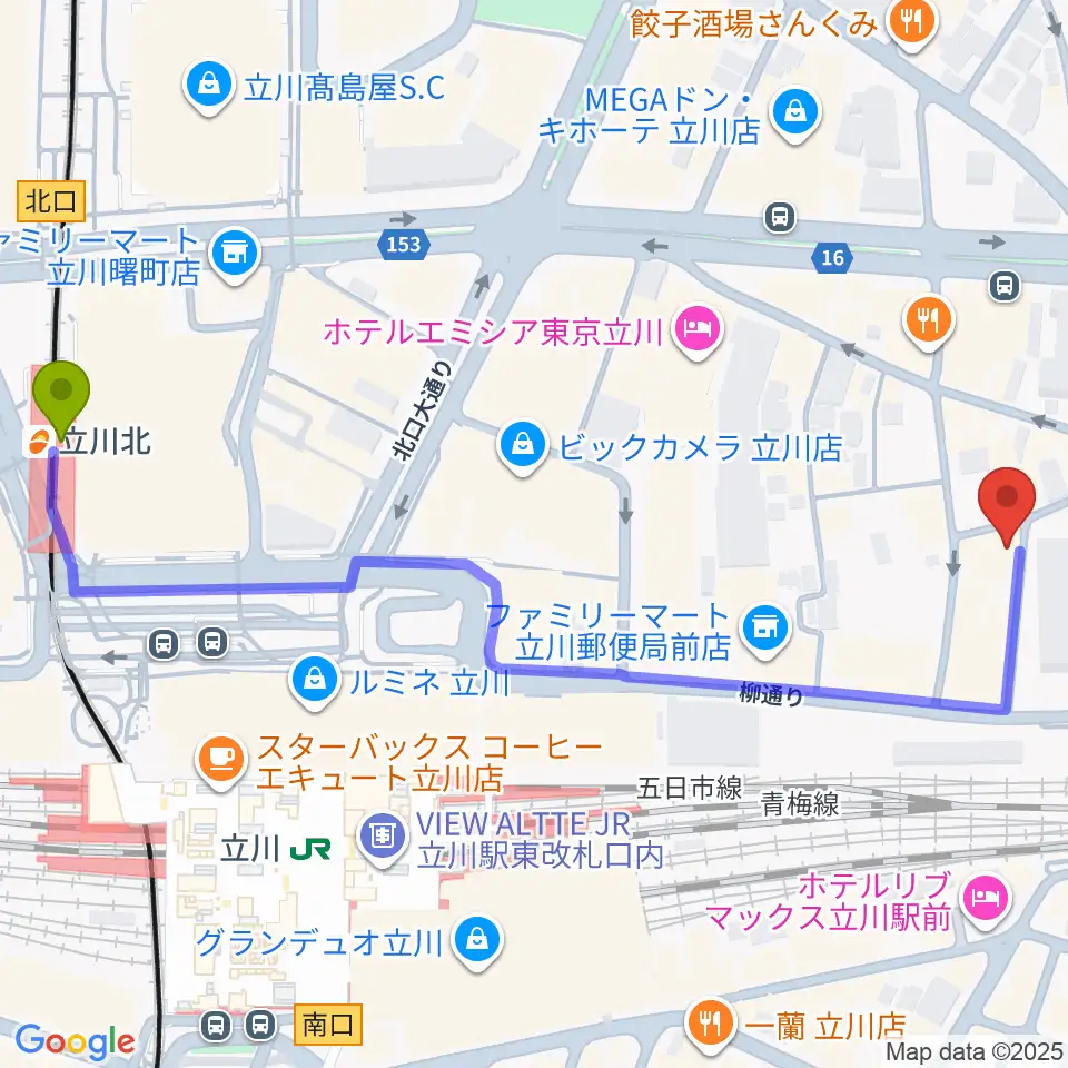 立川北駅からシアーミュージック立川校へのルートマップ地図