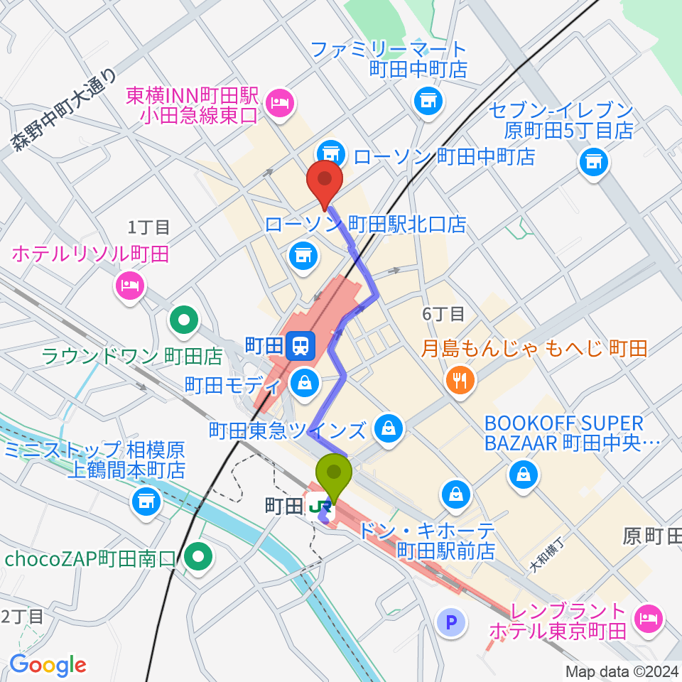 シアーミュージック町田校の最寄駅町田駅からの徒歩ルート（約7分）地図