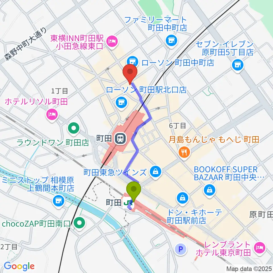 シアーミュージック町田校の最寄駅町田駅からの徒歩ルート（約7分）地図