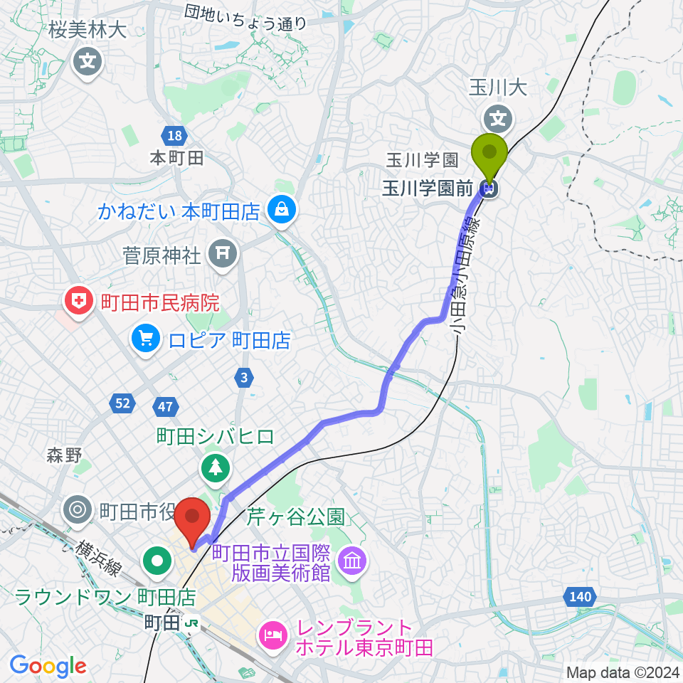 玉川学園前駅からシアーミュージック町田校へのルートマップ地図