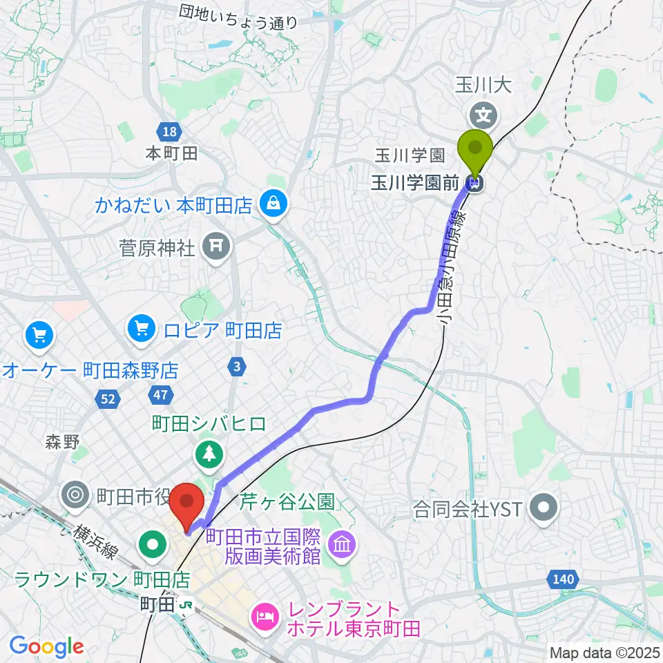 玉川学園前駅からシアーミュージック町田校へのルートマップ地図