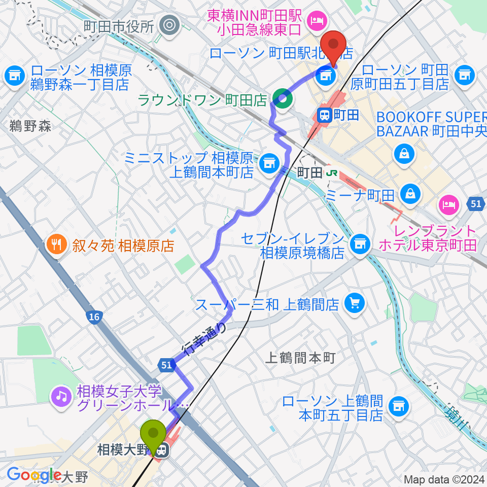 相模大野駅からシアーミュージック町田校へのルートマップ地図