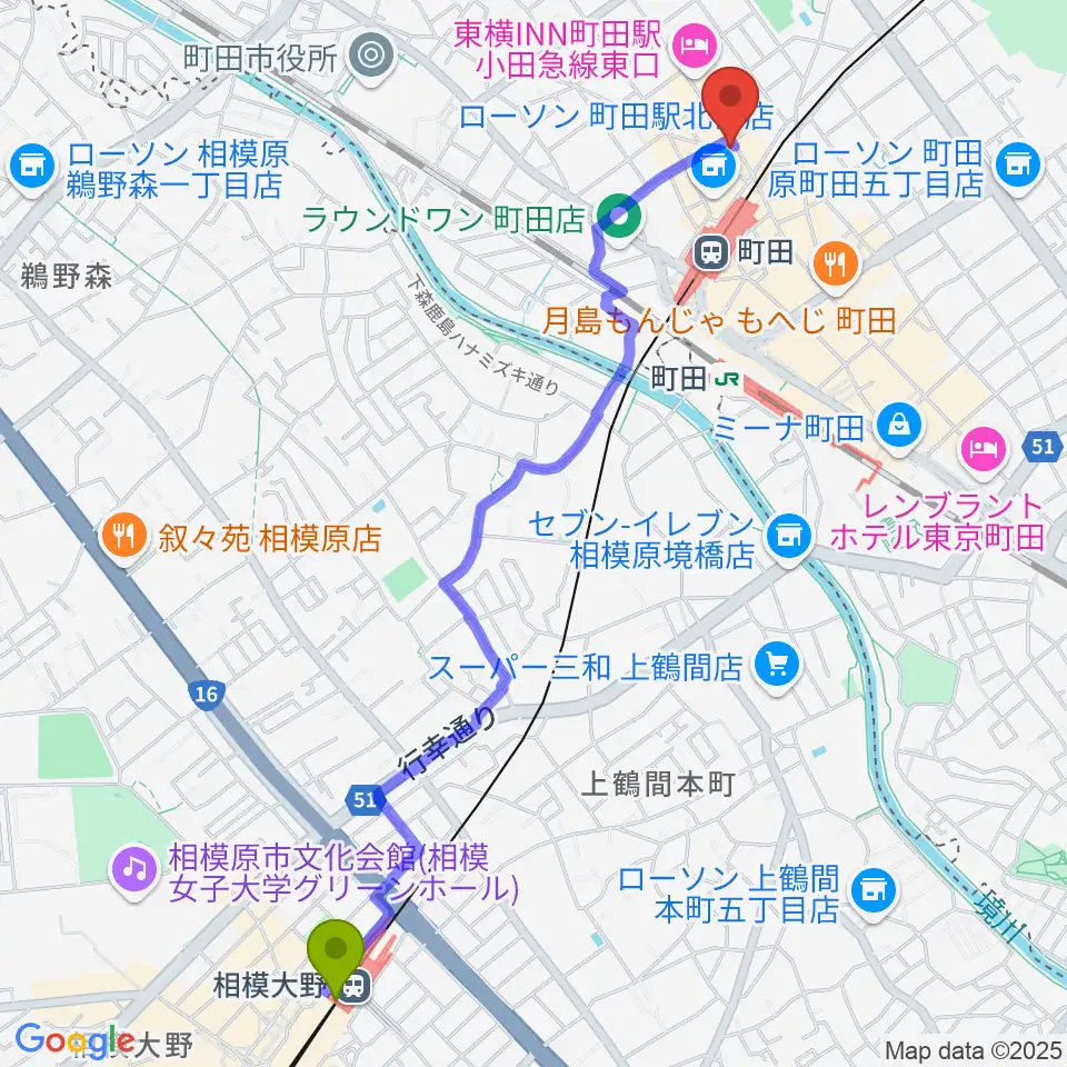 相模大野駅からシアーミュージック町田校へのルートマップ地図