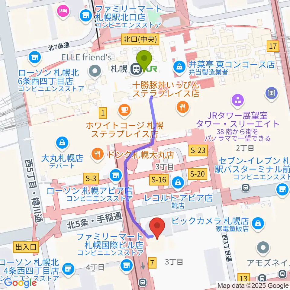 シアーミュージック 札幌校の最寄駅札幌駅からの徒歩ルート（約4分）地図