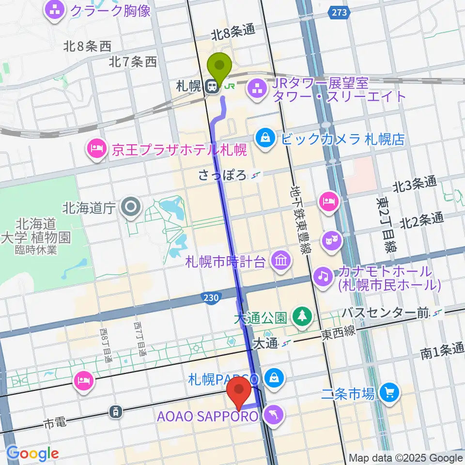 札幌駅からシアーミュージック 札幌校へのルートマップ地図