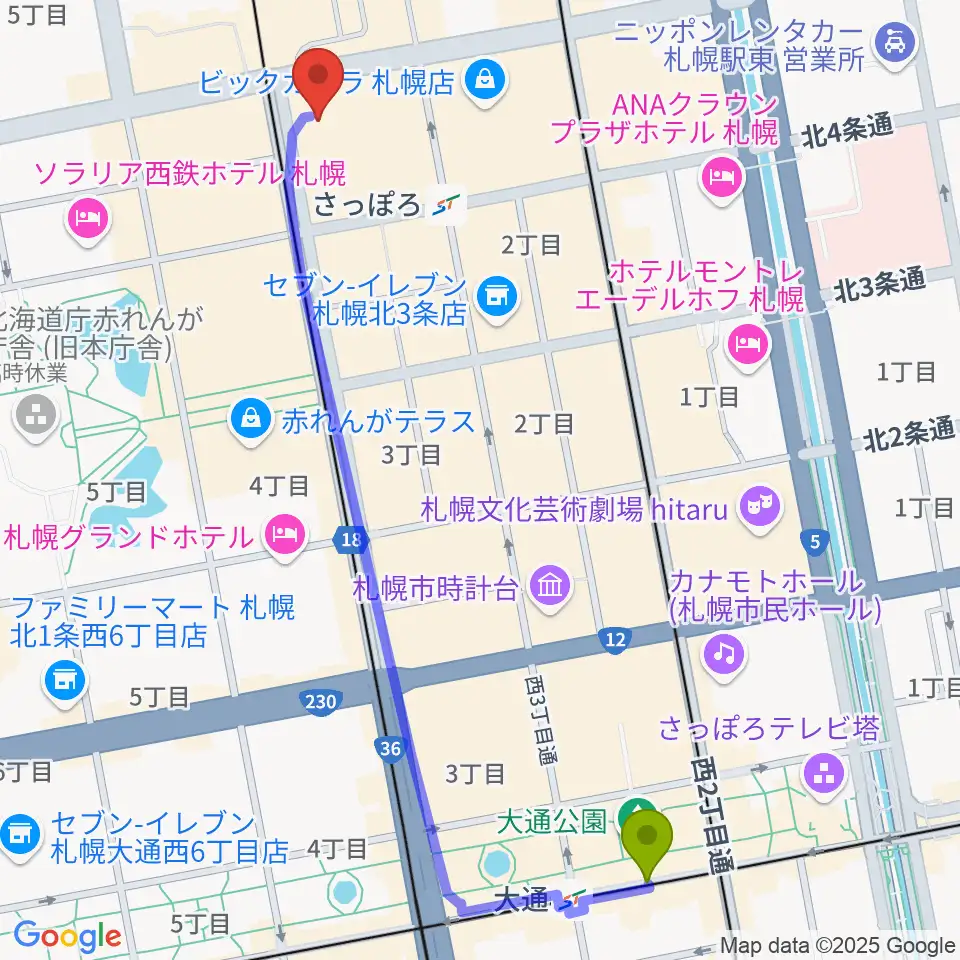 大通駅からシアーミュージック 札幌校へのルートマップ地図