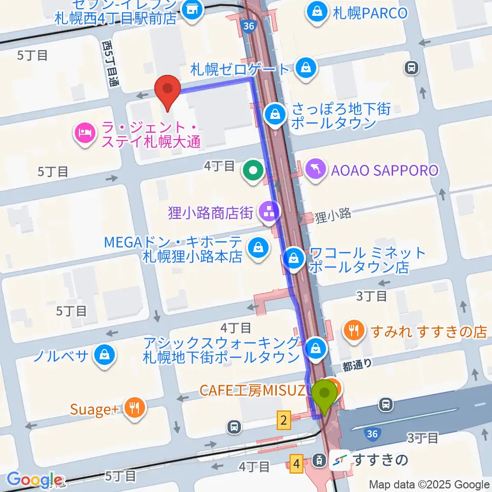 すすきの駅からシアーミュージック 札幌校へのルートマップ地図
