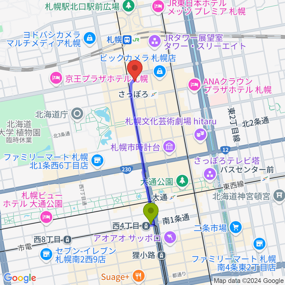 西４丁目駅からシアーミュージック 札幌校へのルートマップ地図