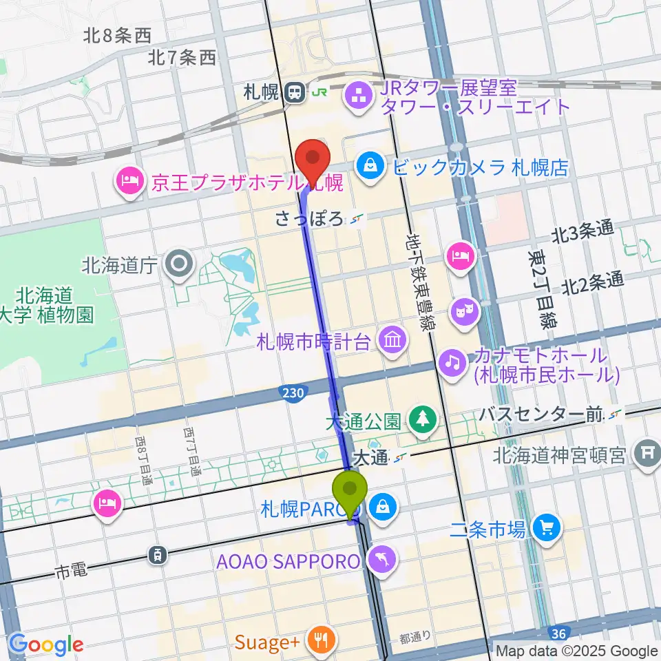 西４丁目駅からシアーミュージック 札幌校へのルートマップ地図