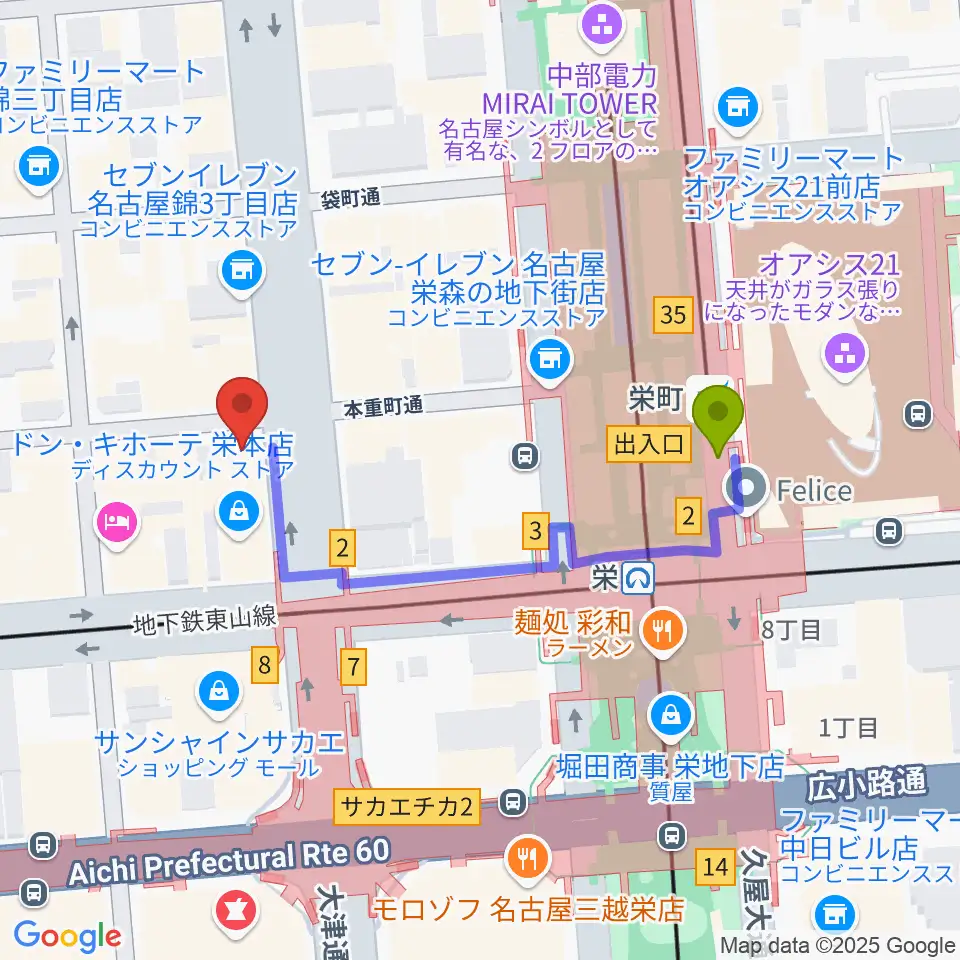 シアーミュージック 栄校の最寄駅栄町駅からの徒歩ルート（約4分）地図