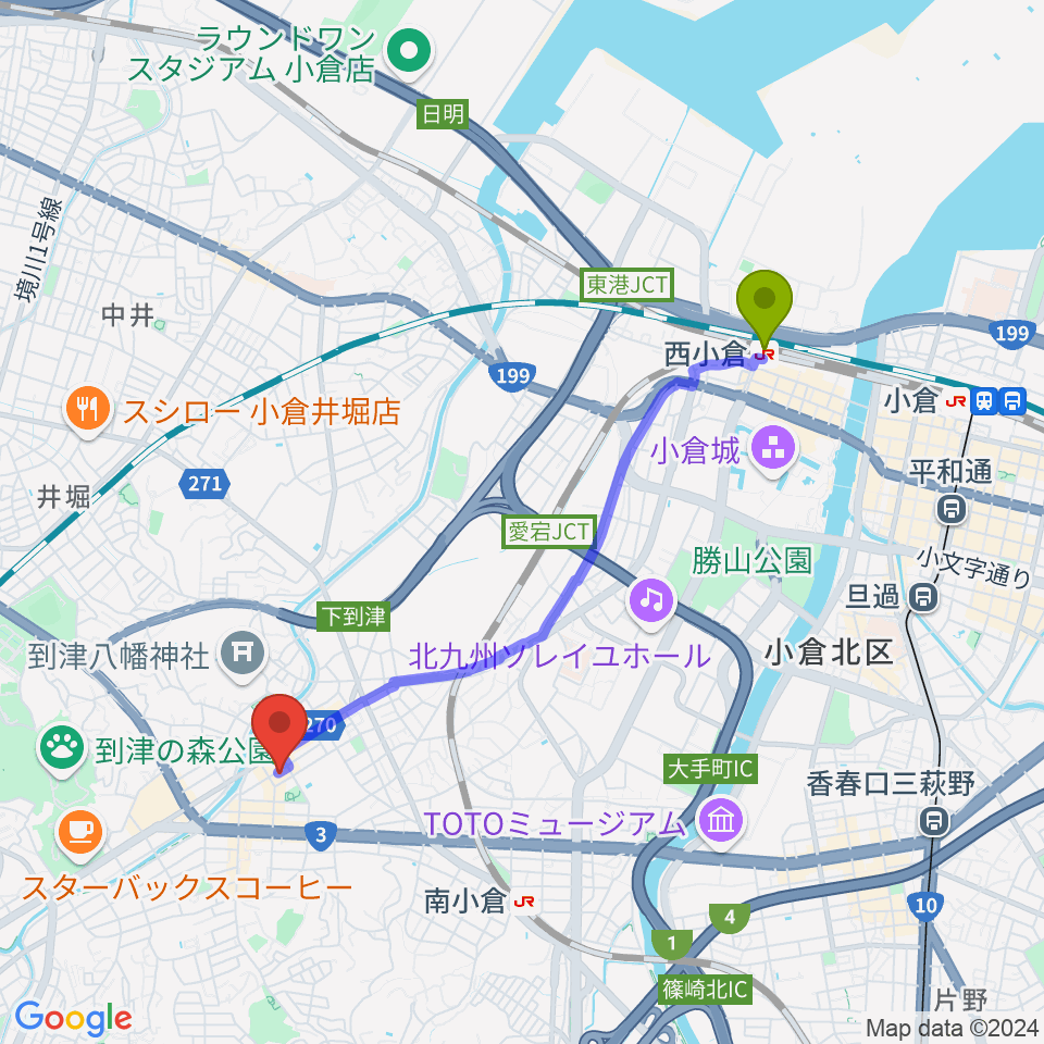 西小倉駅からスズキ・メソード北九州ヴァイオリン・チェロ教室へのルートマップ地図