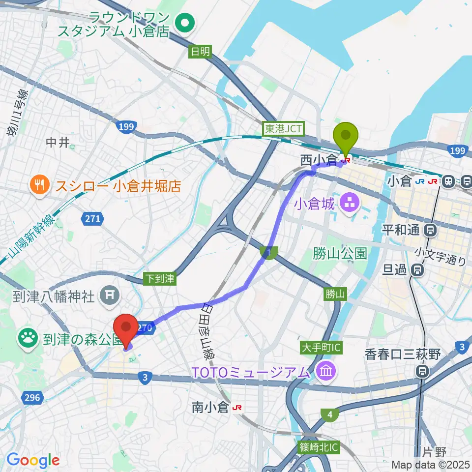 西小倉駅からスズキ・メソード北九州 ヴァイオリン教室へのルートマップ地図