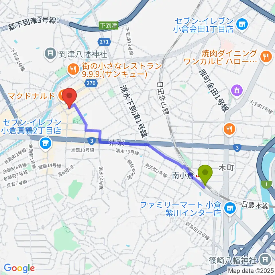 スズキ・メソード北九州 ヴァイオリン教室の最寄駅南小倉駅からの徒歩ルート（約18分）地図
