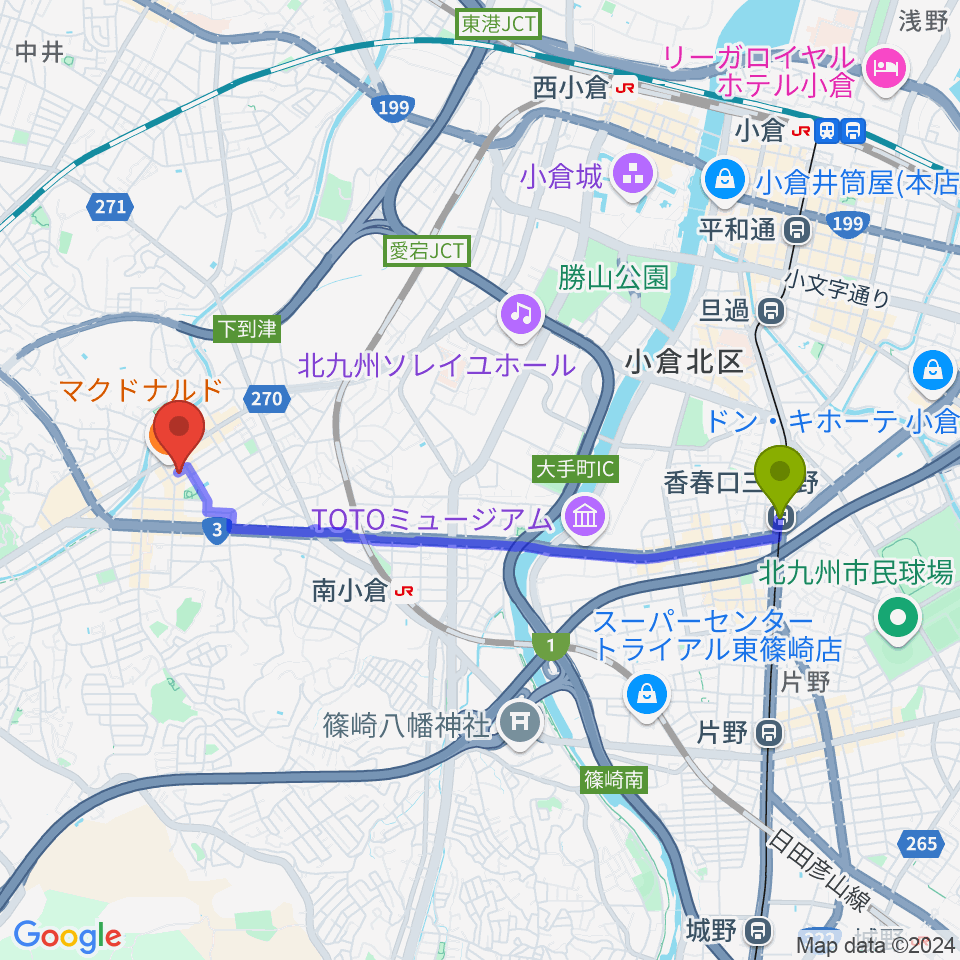 香春口三萩野駅からスズキ・メソード北九州ヴァイオリン・チェロ教室へのルートマップ地図