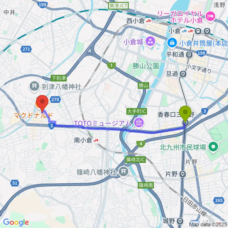 香春口三萩野駅からスズキ・メソード北九州 ヴァイオリン教室へのルートマップ地図