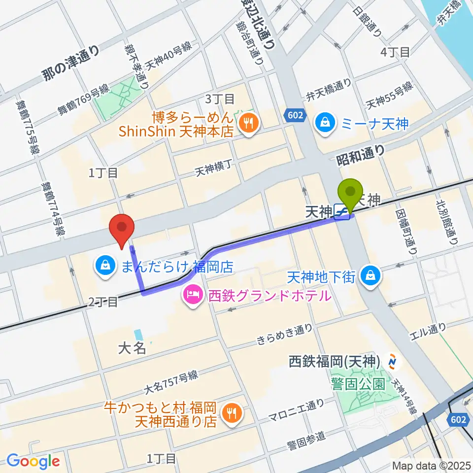 天神駅からシアーミュージック福岡天神校へのルートマップ地図