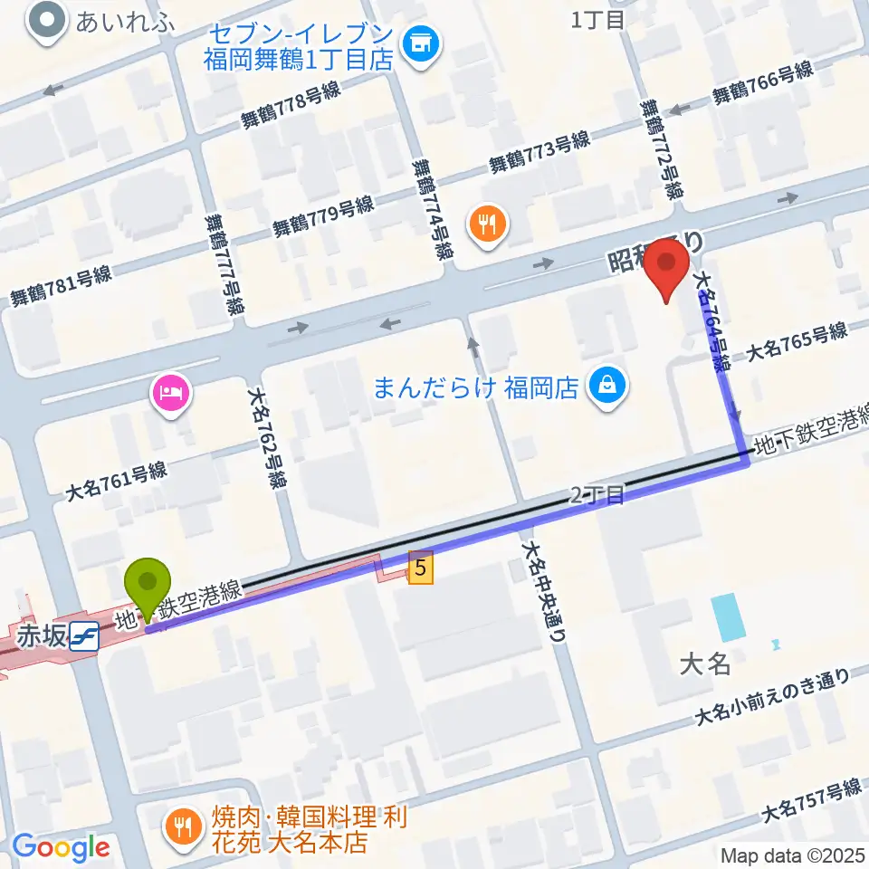 シアーミュージック福岡天神校の最寄駅赤坂駅からの徒歩ルート（約6分）地図