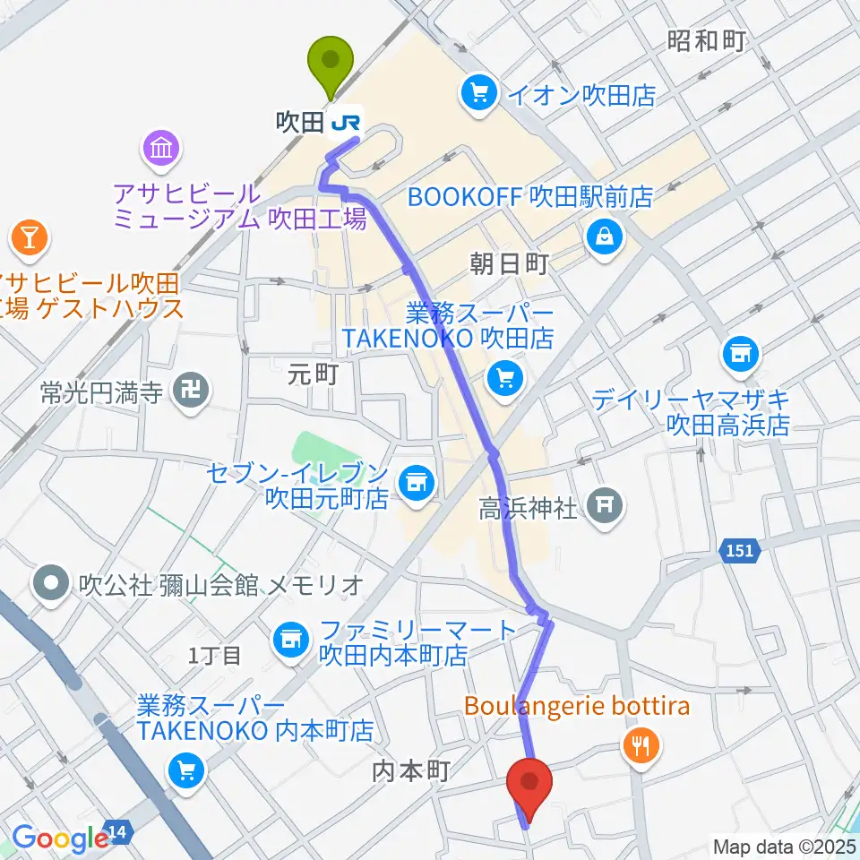 吹田駅からスズキメソード 杉山ヴァイオリン教室へのルートマップ地図