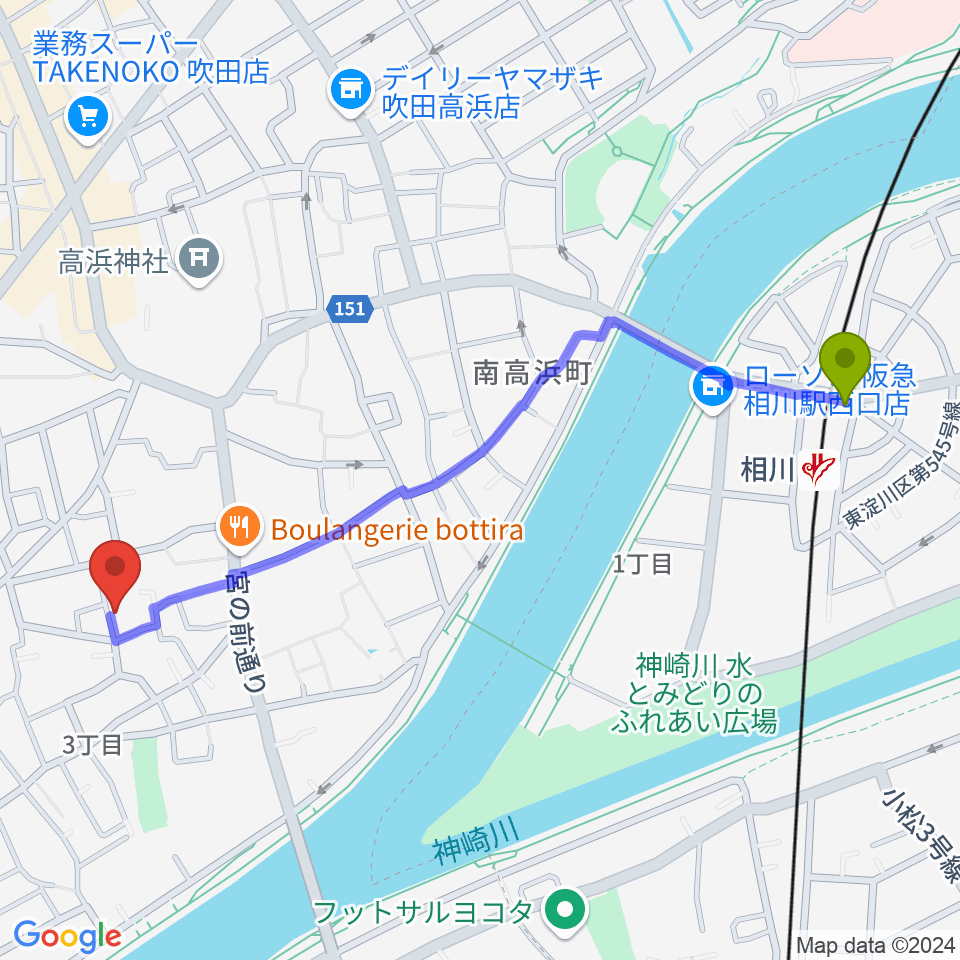 スズキメソード 杉山ヴァイオリン教室の最寄駅相川駅からの徒歩ルート（約12分）地図