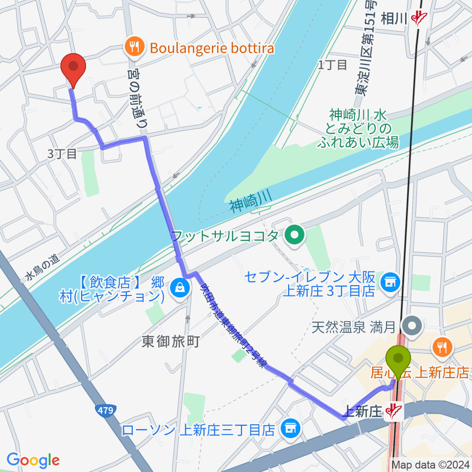 上新庄駅からスズキメソード 杉山ヴァイオリン教室へのルートマップ地図