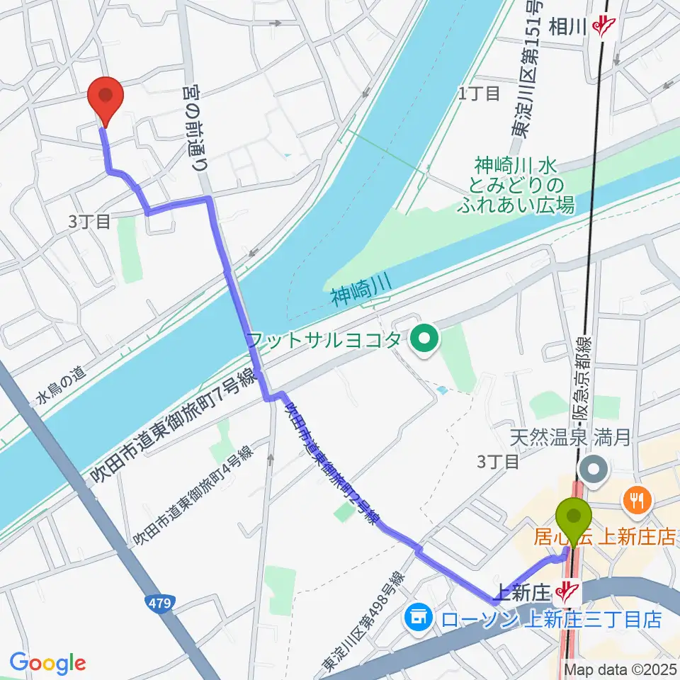 上新庄駅からスズキメソード 杉山ヴァイオリン教室へのルートマップ地図