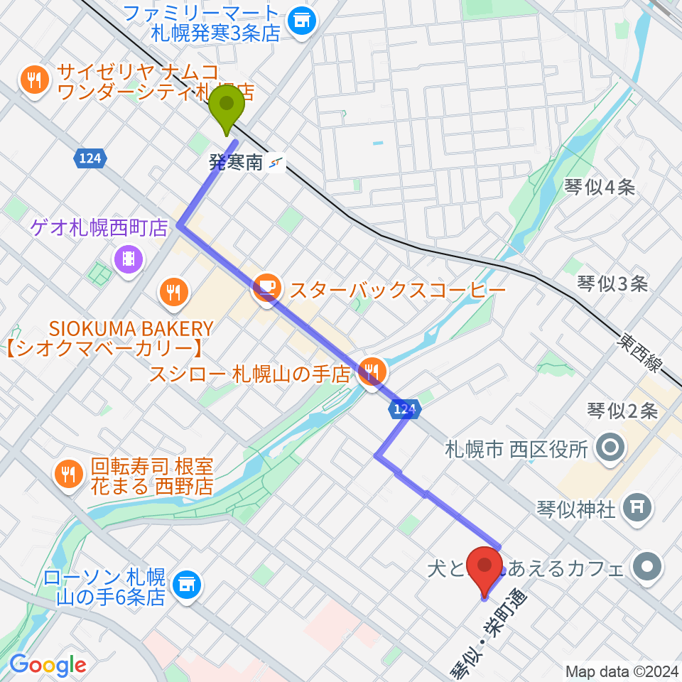 発寒南駅から鈴木聡ヴァイオリン工房へのルートマップ地図