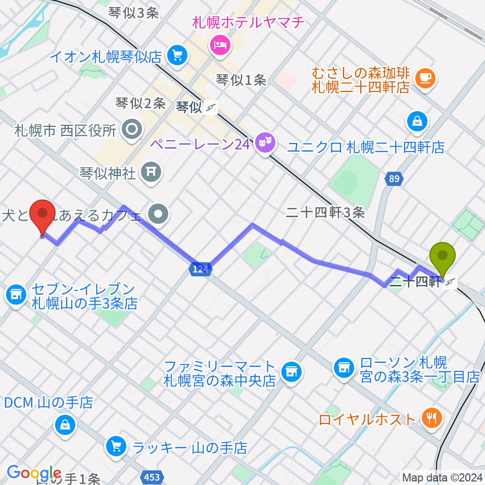 二十四軒駅から鈴木聡ヴァイオリン工房へのルートマップ地図