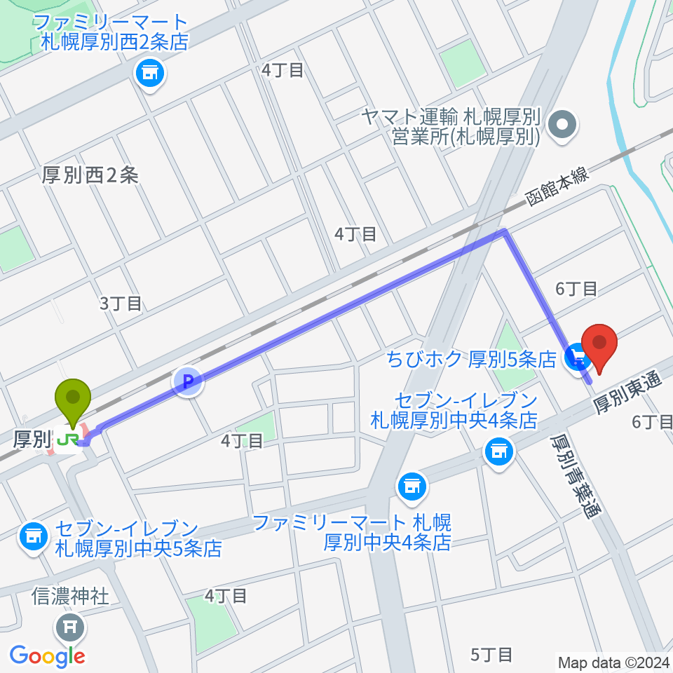 スズキメソード札幌支部 立木教室の最寄駅厚別駅からの徒歩ルート（約11分）地図