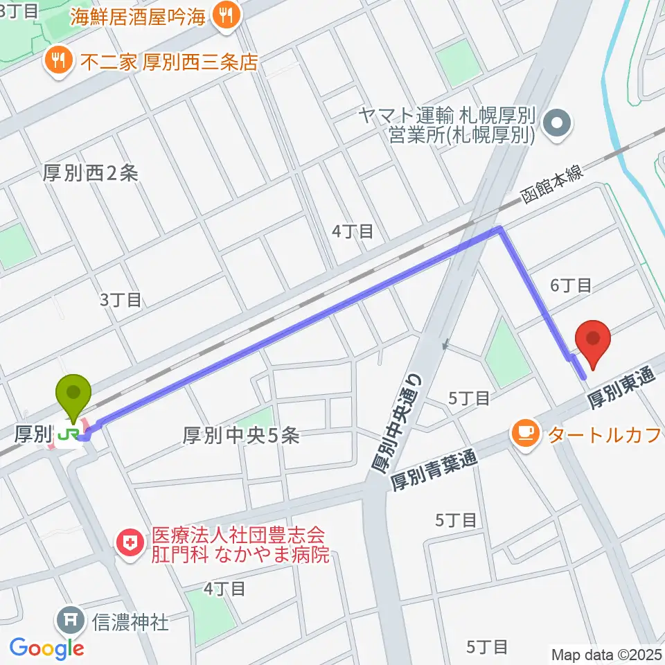 スズキメソード札幌支部 立木教室の最寄駅厚別駅からの徒歩ルート（約11分）地図