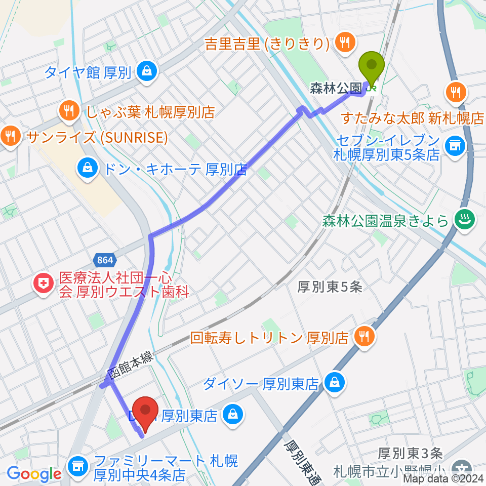 森林公園駅からスズキメソード札幌支部 立木教室へのルートマップ地図