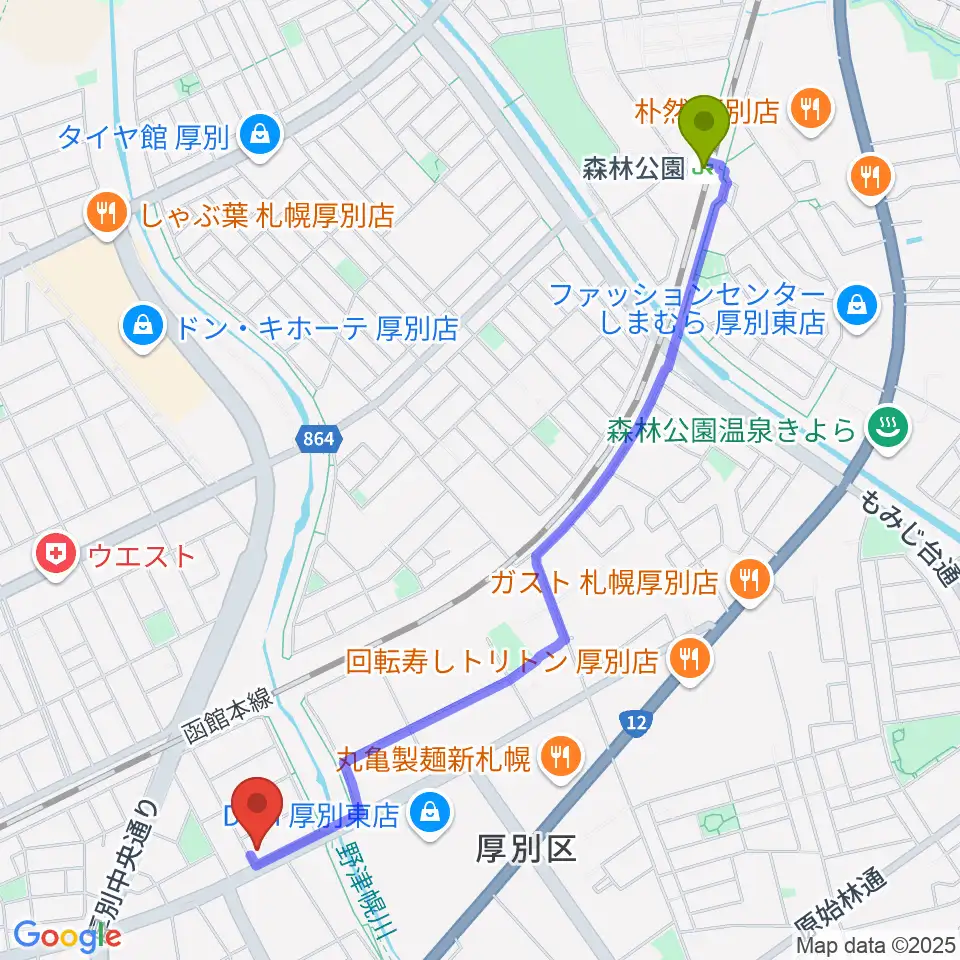 森林公園駅からスズキメソード札幌支部 立木教室へのルートマップ地図