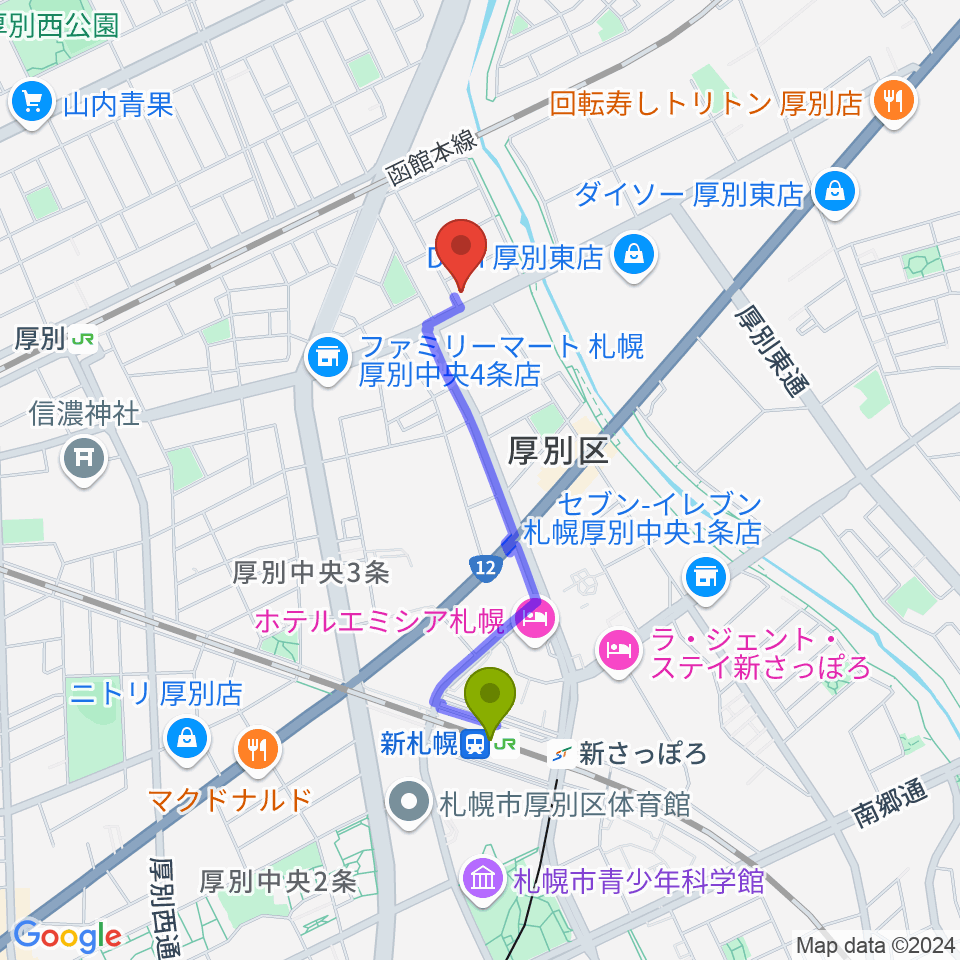 新札幌駅からスズキメソード札幌支部 立木教室へのルートマップ地図