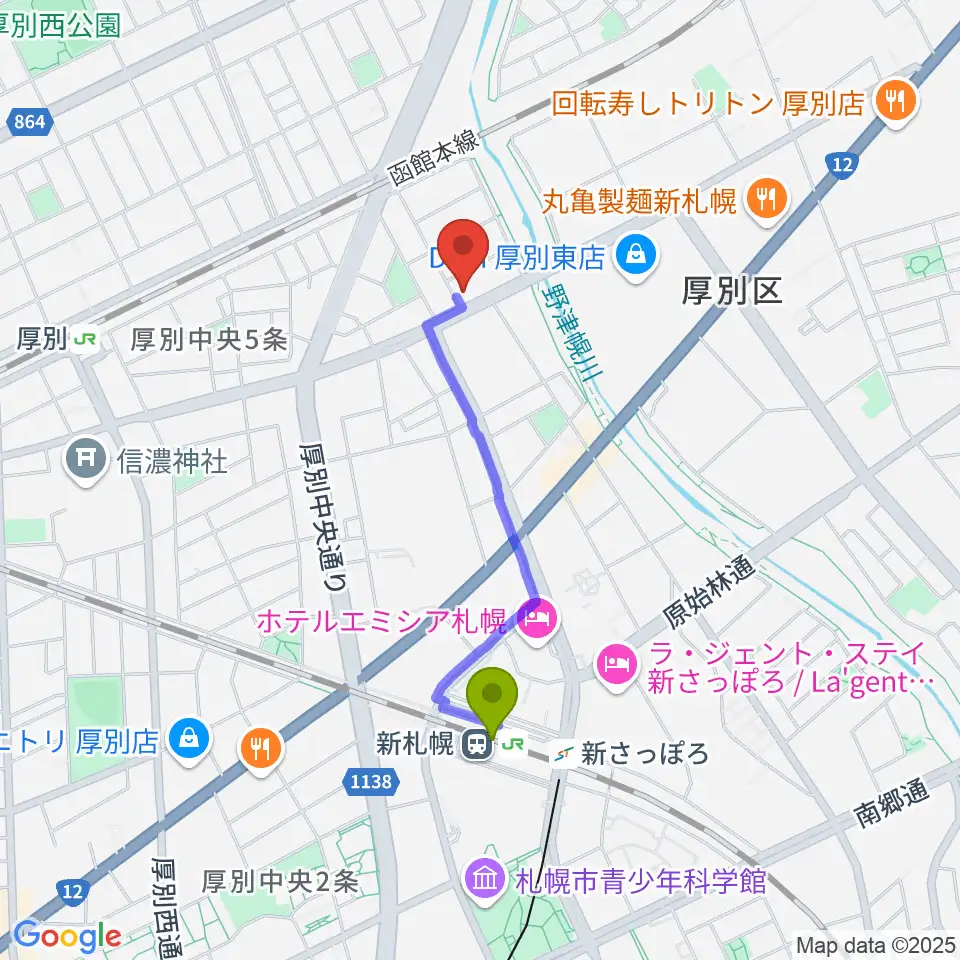 新札幌駅からスズキメソード札幌支部 立木教室へのルートマップ地図