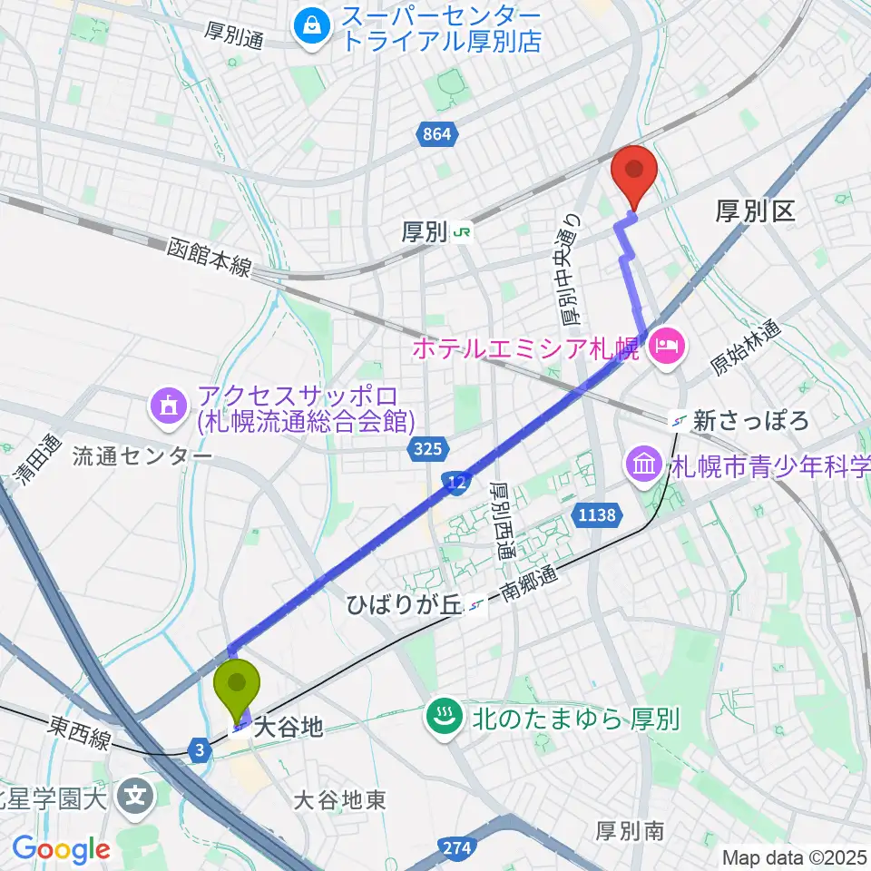 大谷地駅からスズキメソード札幌支部 立木教室へのルートマップ地図