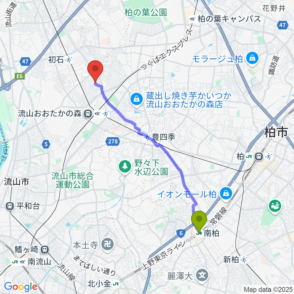 南柏駅から清水尚志ヴァイオリン教室へのルートマップ地図