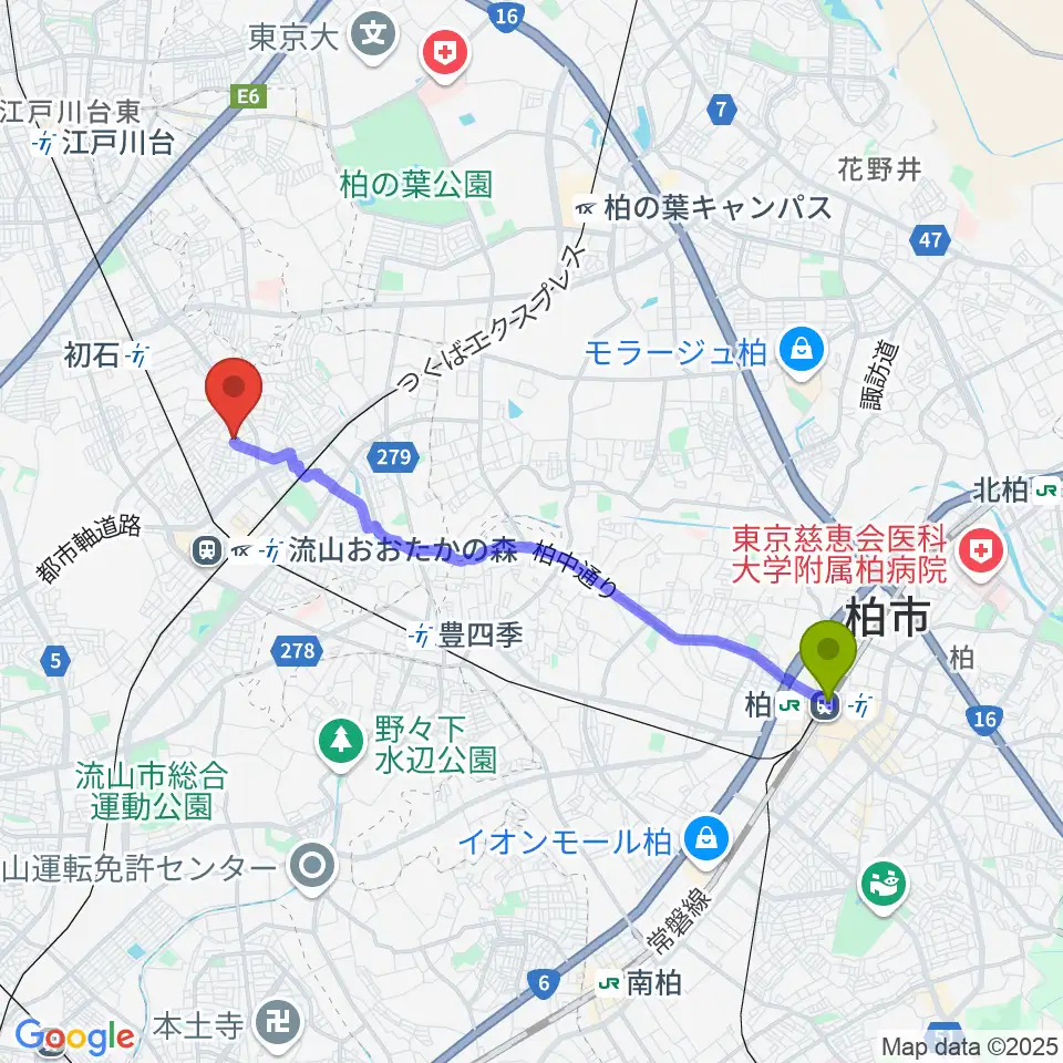 柏駅から清水尚志ヴァイオリン教室へのルートマップ地図
