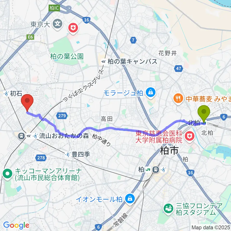 北柏駅から清水尚志ヴァイオリン教室へのルートマップ地図