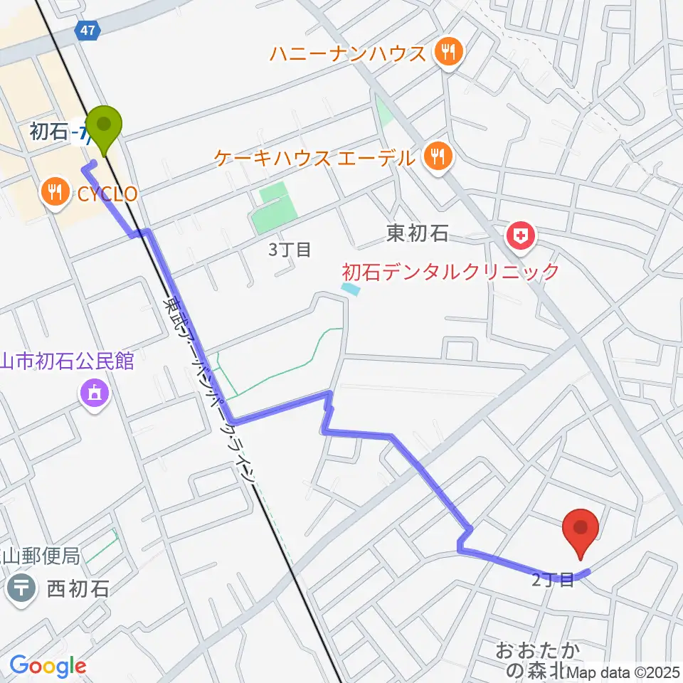初石駅から清水尚志ヴァイオリン教室へのルートマップ地図