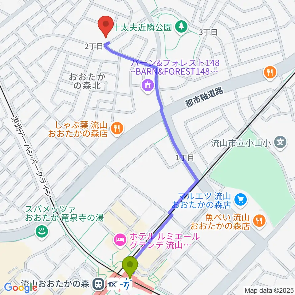 清水尚志ヴァイオリン教室の最寄駅流山おおたかの森駅からの徒歩ルート（約13分）地図