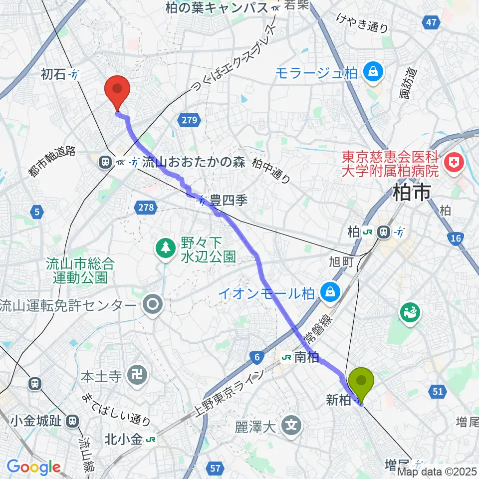 新柏駅から清水尚志ヴァイオリン教室へのルートマップ地図