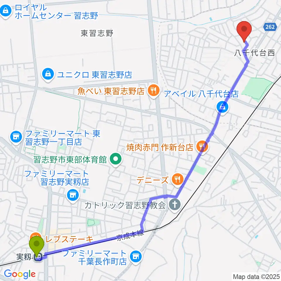 実籾駅からスズキ・メソード 印田クラスへのルートマップ地図