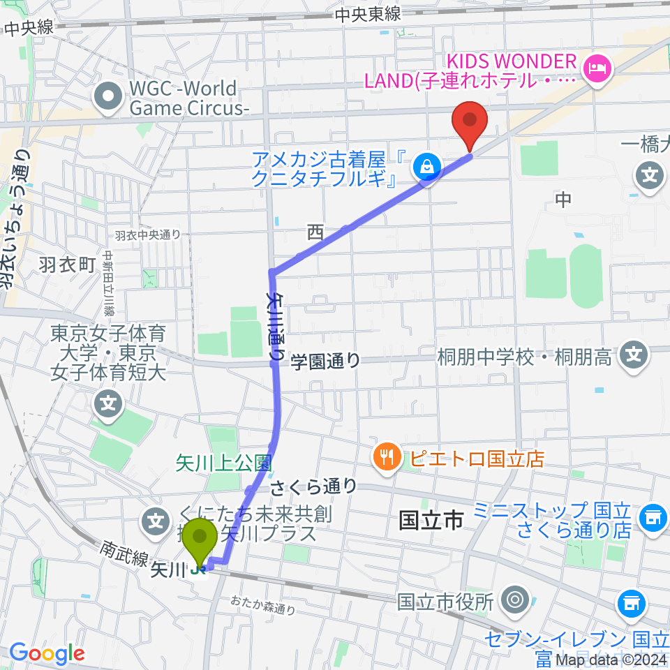 矢川駅からスズキ・メソード国立教室へのルートマップ地図