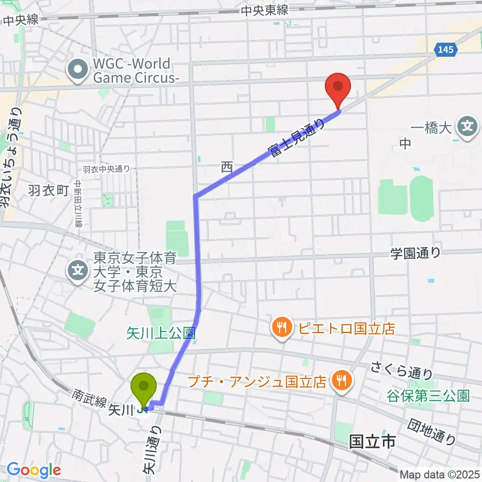 矢川駅からスズキ・メソード国立教室へのルートマップ地図