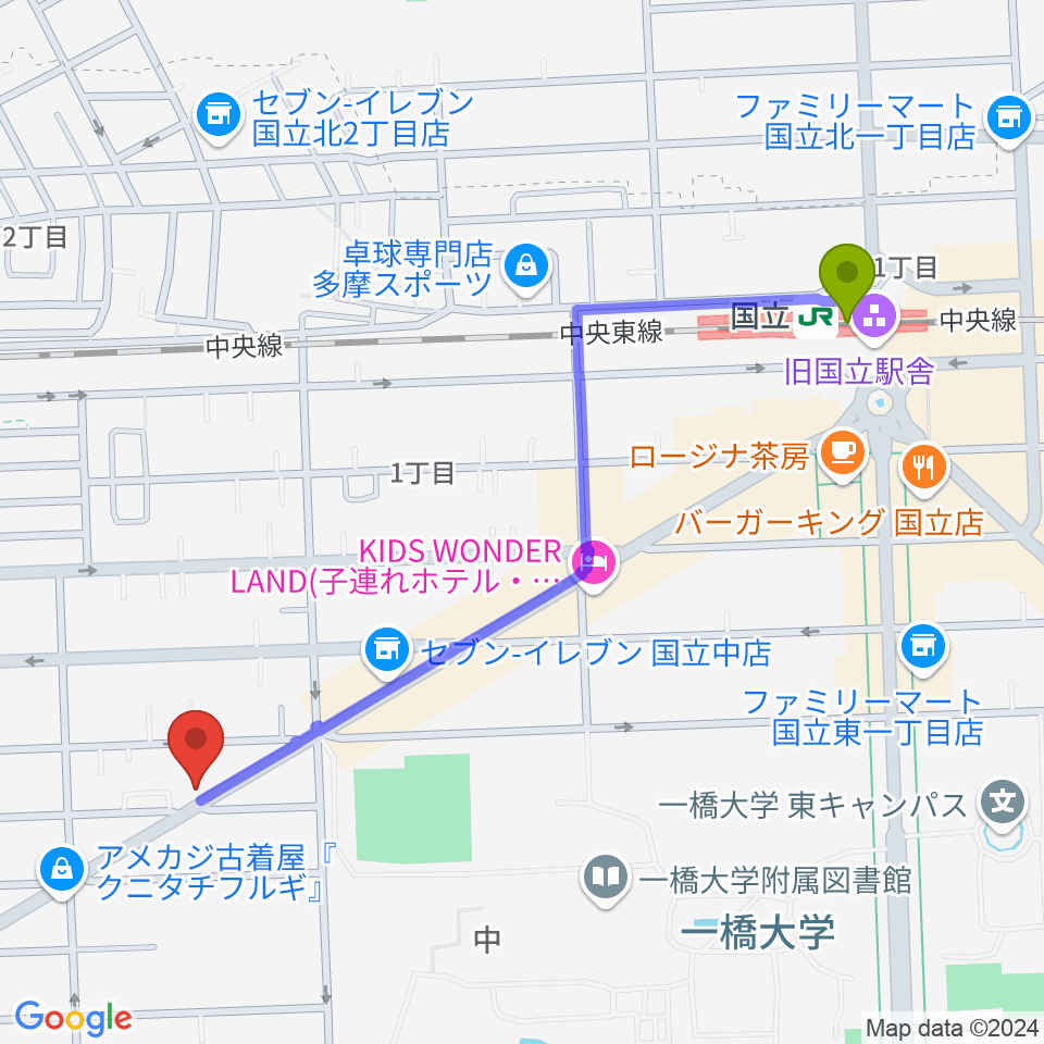 スズキ・メソード国立教室の最寄駅国立駅からの徒歩ルート（約12分）地図