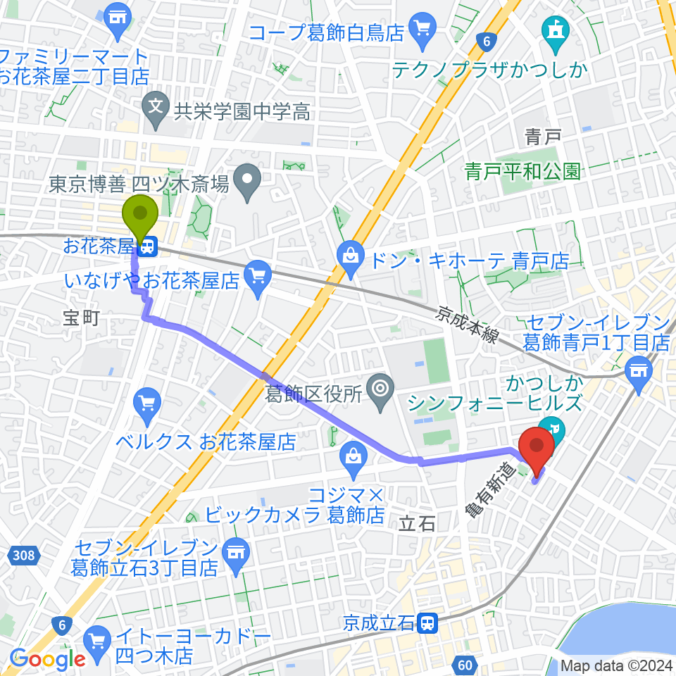 お花茶屋駅から菊岡 中むらへのルートマップ地図